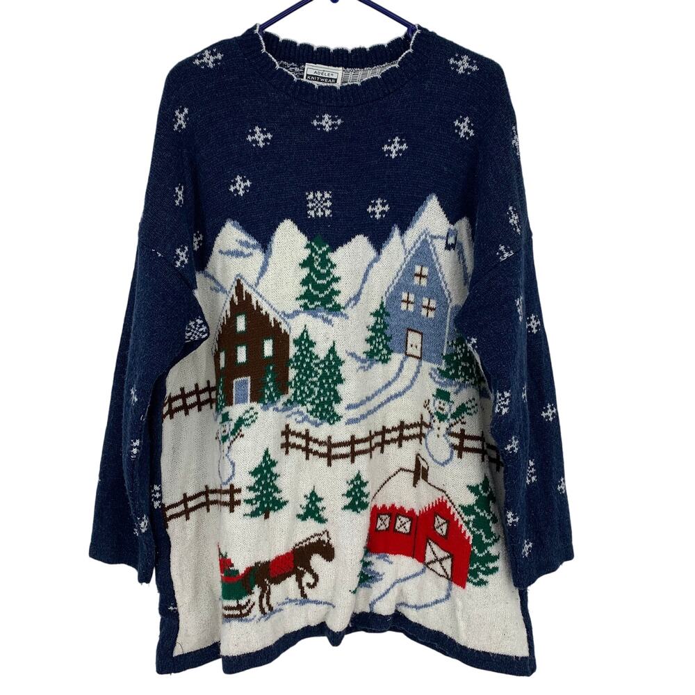 Adele Knitwear U.S.A. Vintage Christmas Snow Winter Scene Sweater Size L/XL